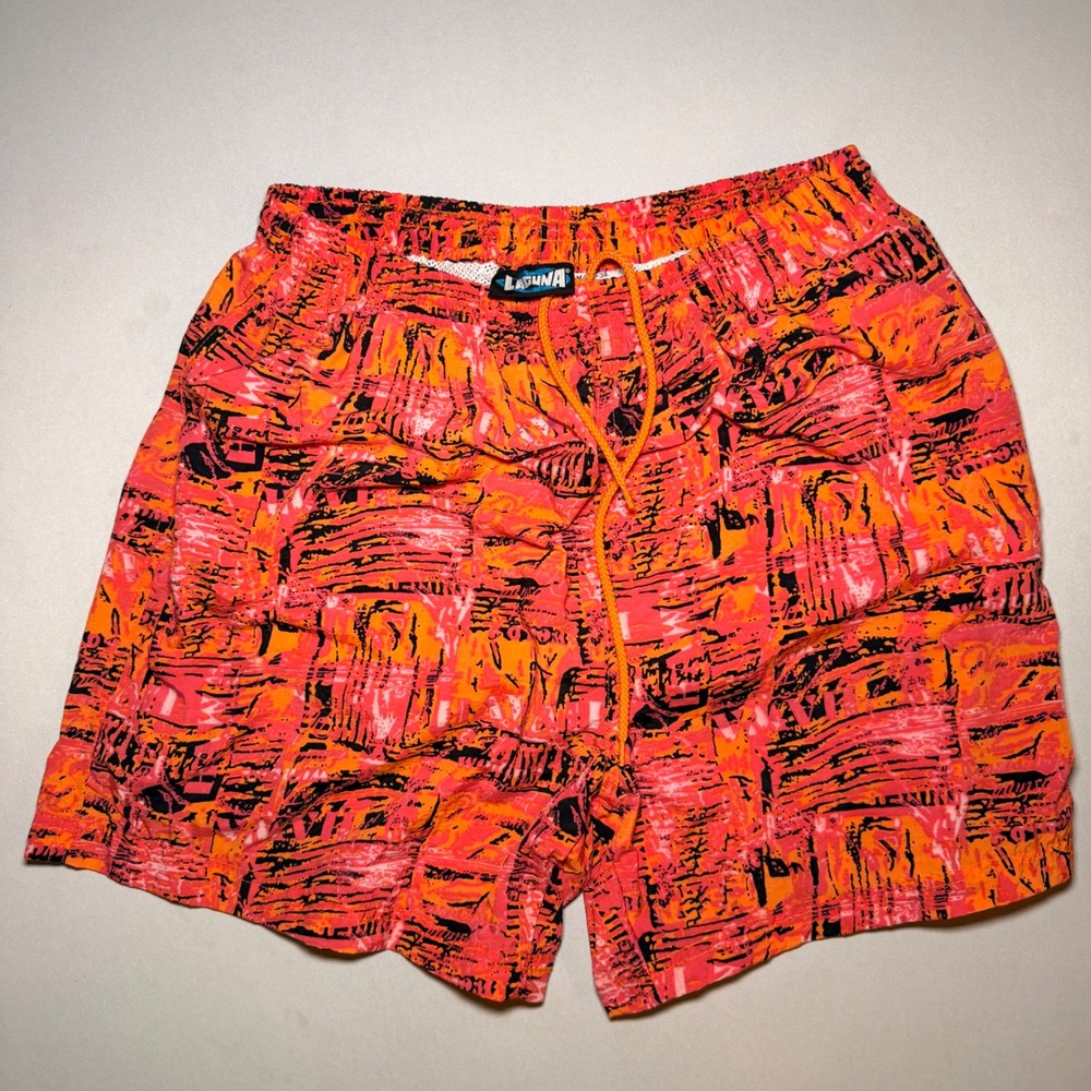 90s Laguna Swim Trunks Mens Medium Neon Orange Abstract Surf Nylon Shorts Cali